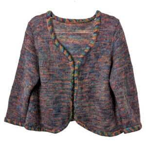 Vintage Handknit Cropped Open Cardigan Pastel Rainbow Colors Fuzzy Wool